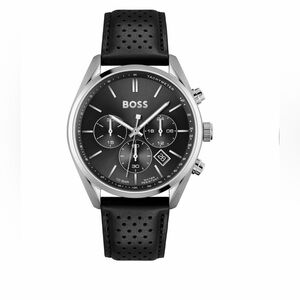 Hugo Men's Chronograph Champion Black Leather Strap Watch 44mm